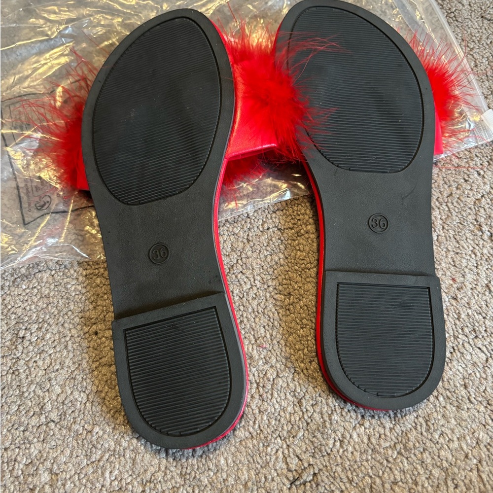 Red Fuzzy Slide Sandals - Picture 2 of 3